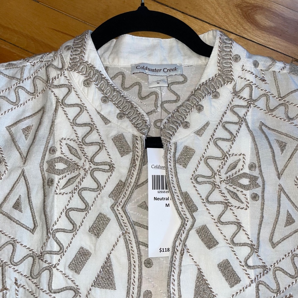 Coldwater Creek NWT Embroidered All Over Jacket Scalloped Edge Tan White… - Picture 2 of 14